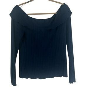 Chelsea & Violet Off-Shoulder Blue Long Sleeve Cropped Lettuce Hem Top SZ L NEW